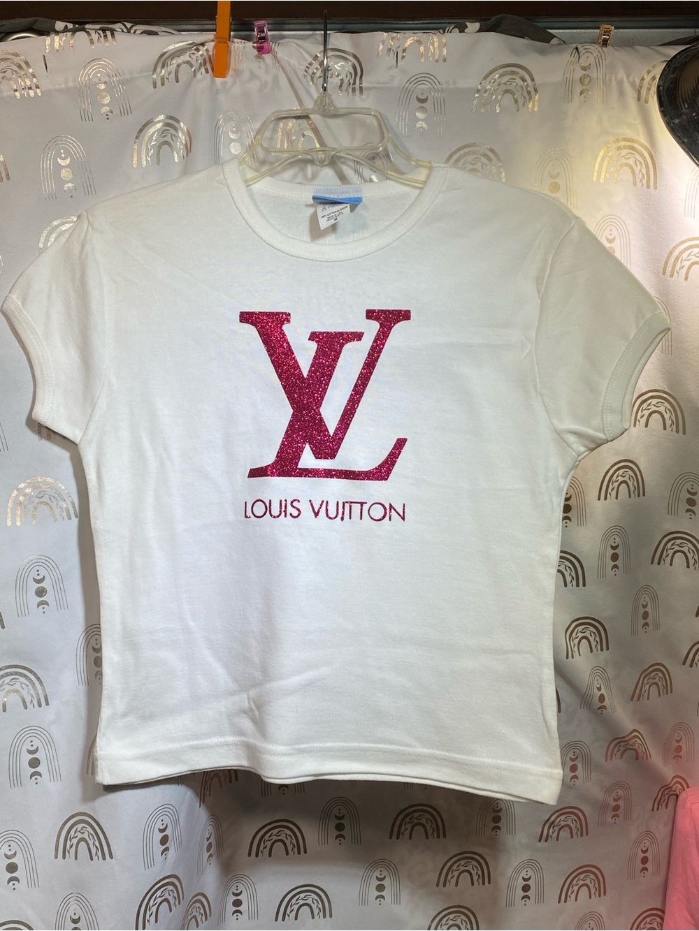 LV INSPO White Short Sleeve Tee with Pink Glitter Logo